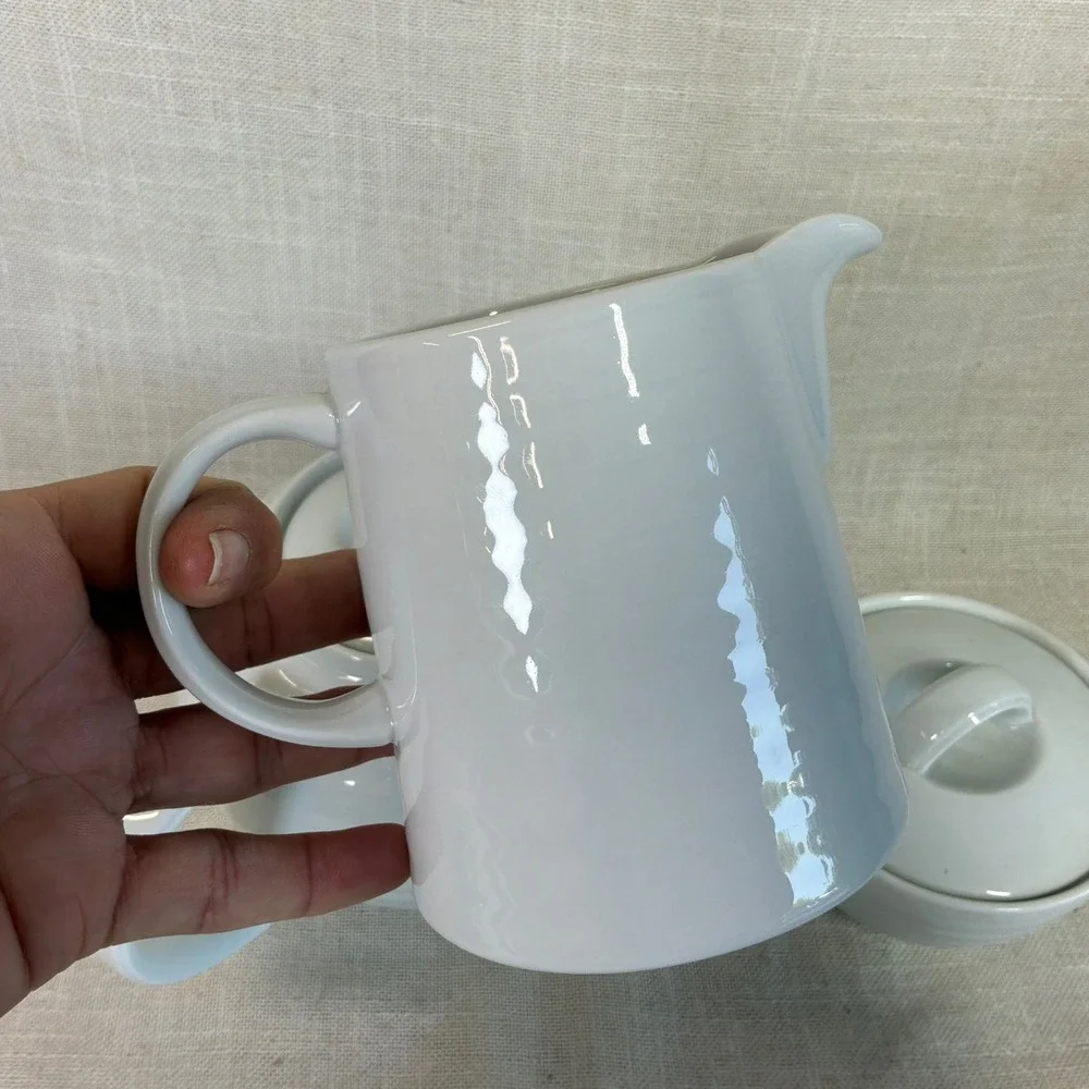 Crate & Barrel Spal White Ribbed Porcelain Tea Set Teapot Creamer Sugar Portugal